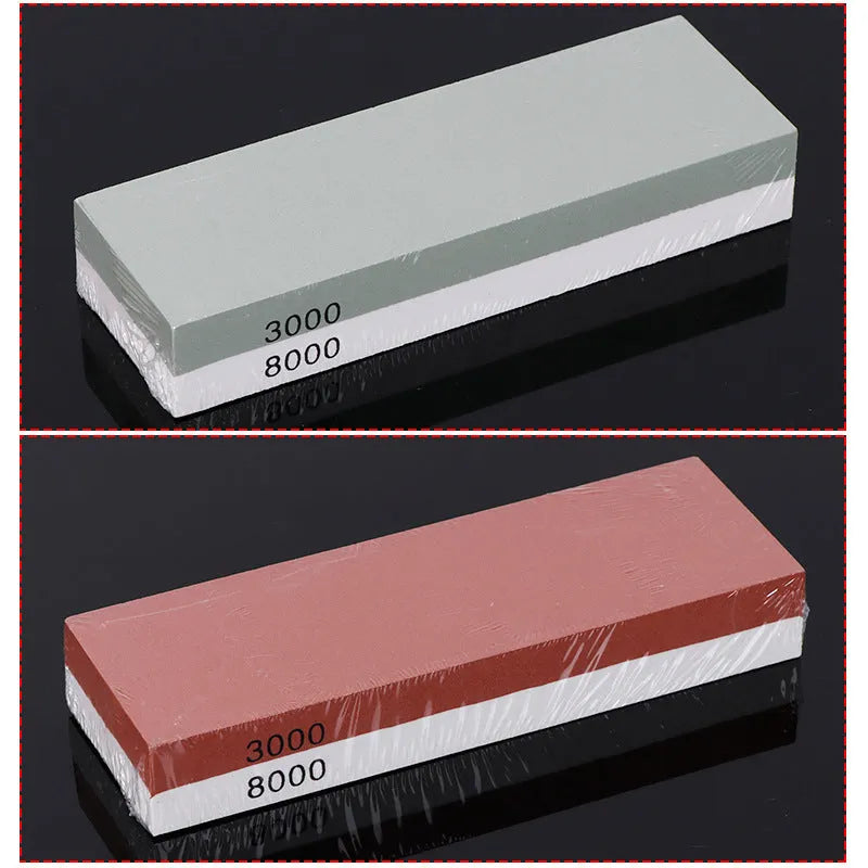 Green and white double-sided 3000/8000 grit kitchen whetstone set with bamboo base and accessories