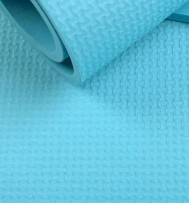 EVA yoga mat in blue colour showing 6mm thickness and textured anti-slip surface