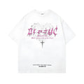 Men's black cotton t-shirt with printed retro design pattern, short sleeves, and loose fit