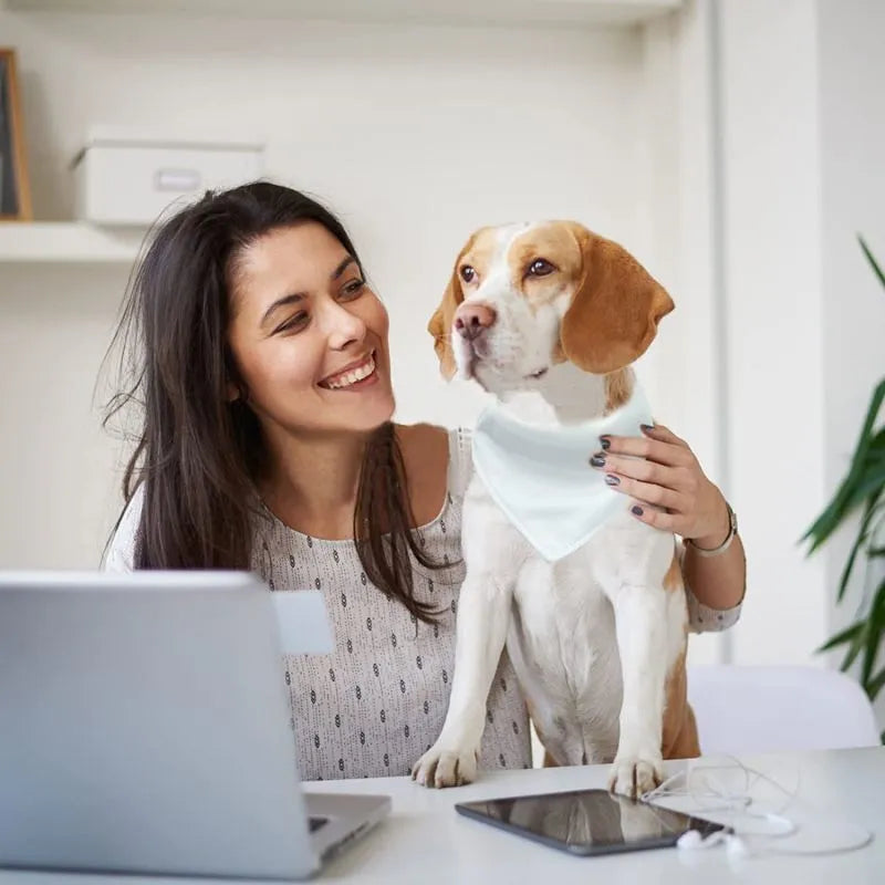 White polyester dog scarf for thermal transfer customisation in S, M, L, and XL sizes