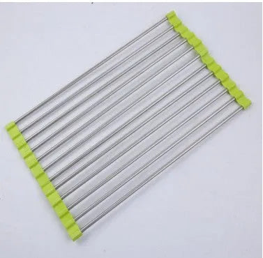 Foldable stainless steel kitchen drain rack with coloured plastic tubes for drying utensils