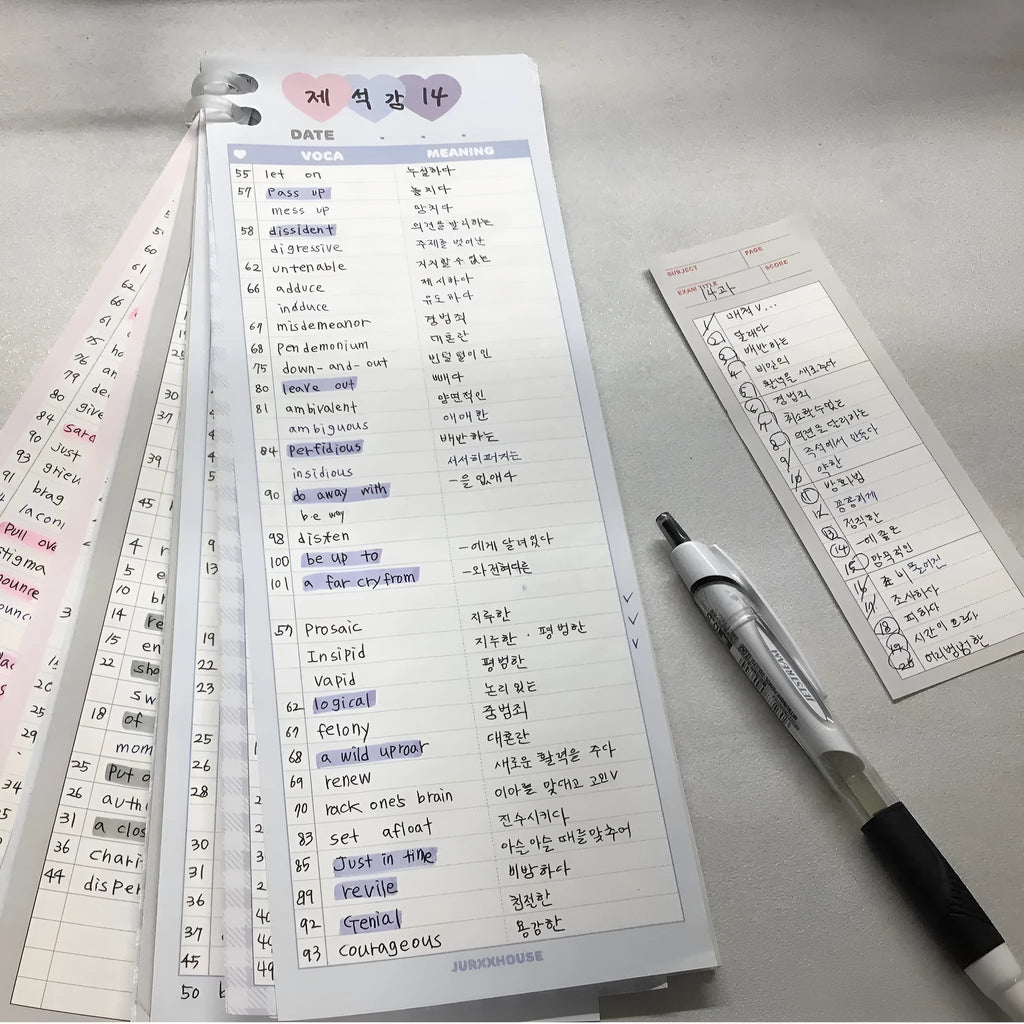 Half-B5 size notepad with English words, shown in pink, purple, and blue cover colour options.