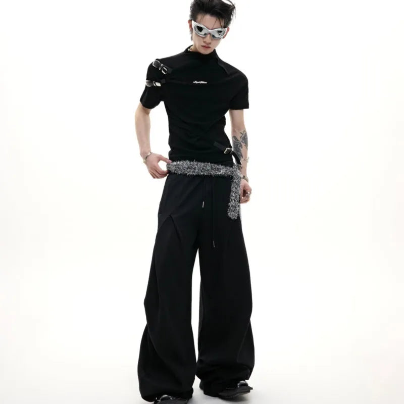 Cotton men's slim fit T-shirt with metal belt design on stand-up collar in white and black colours