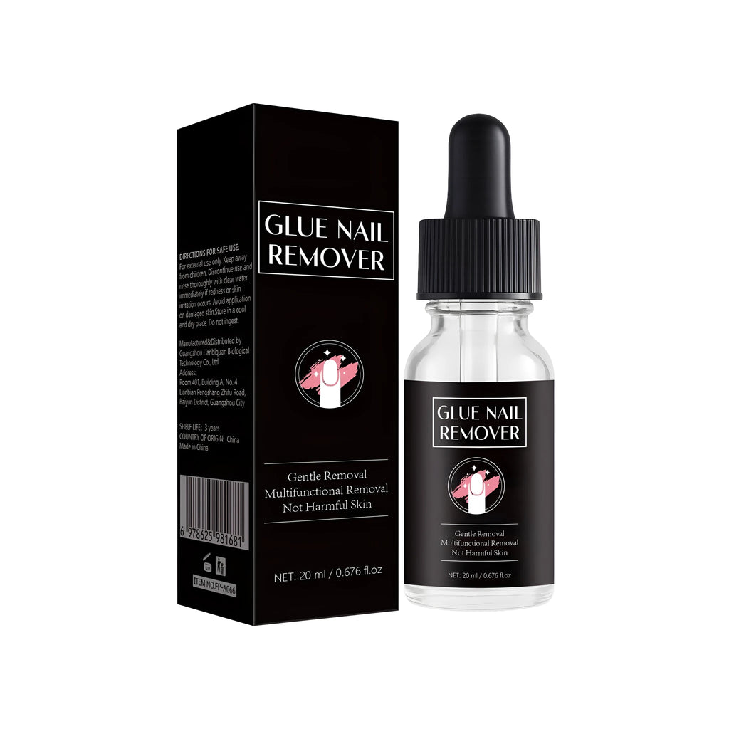 20ml bottle of nail glue remover with a white pump dispenser on a blue background