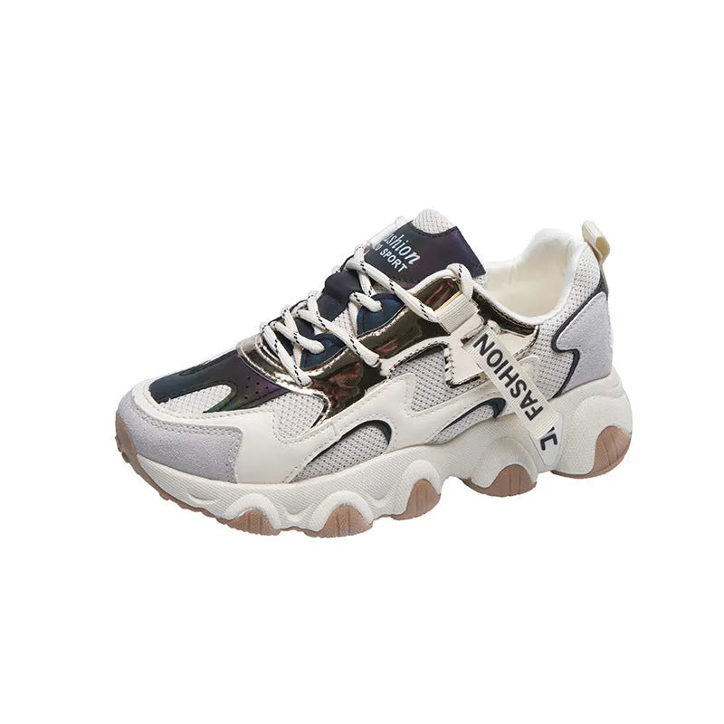 Breathable wild daddy shoes for women with mid heel and non-slip rubber sole in beige