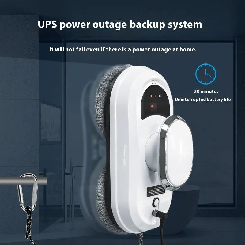 White full-automatic high altitude cleaning machine with remote control and cleaning accessories.