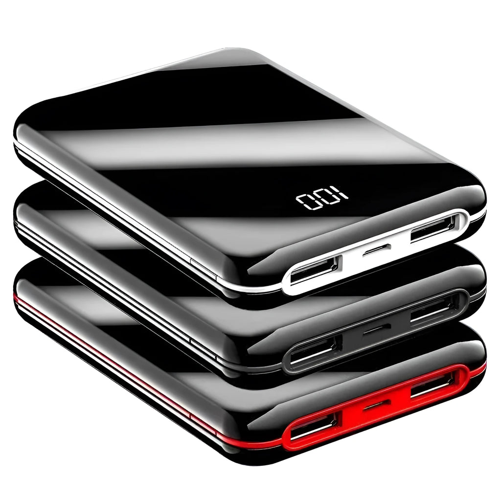 Mini LCD display power bank showing battery percentage on screen in black, red or white colours