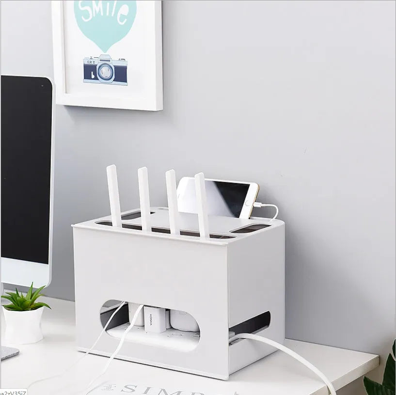 Plastic wireless router storage box in grey and white colour options