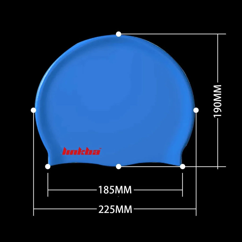Silicone swimming cap with a coloured earmuff and letter pattern design.