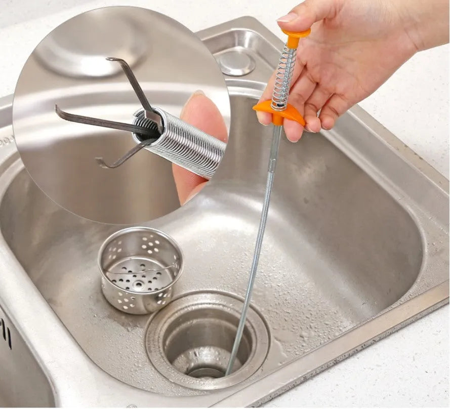Black sewer dredger spring drain cleaning tool with handle and coiled end for pipe unclogging.