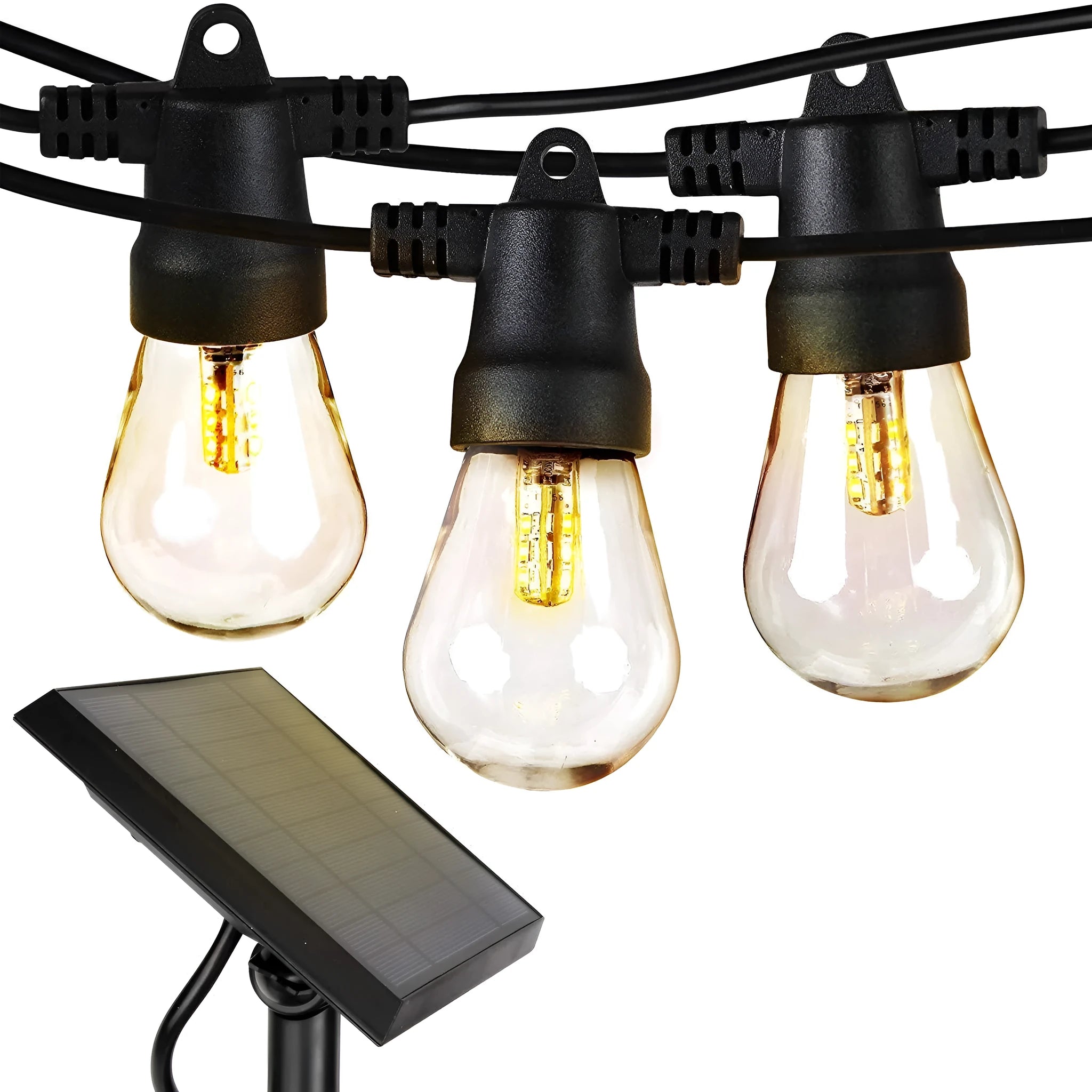 Waterproof solar-powered LED string lights hanging outdoors on a garden fence.