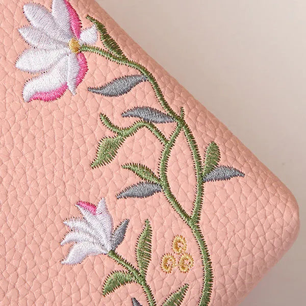 Flower embroidery soft PU phone bag with lock buckle, contrast stitching, five colours, vertical square shape