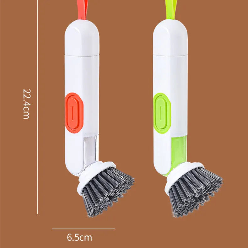 Long-handle kitchen cleaning brush with liquid dispenser and two brush heads in white and green colour