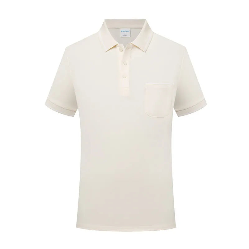 Men's short sleeve polo shirt in spandex with a chest pocket, shown in a straight fit.