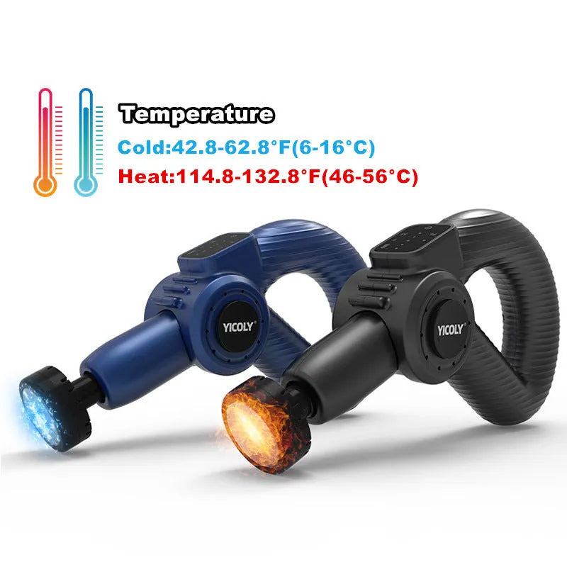 Black smart muscle massage gun with multiple attachment heads for hot and cold compress therapy