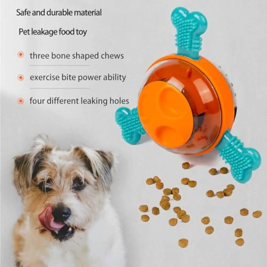 Blue interactive dog puzzle feeder with treat compartments and rubber bones for small medium puppies.