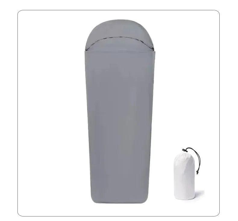 Blue lightweight nylon mummy sleeping bag for adult camping, shown with green colour option.