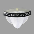 Pair of men's black mesh briefs with high cut leg and low waist design on a white background.