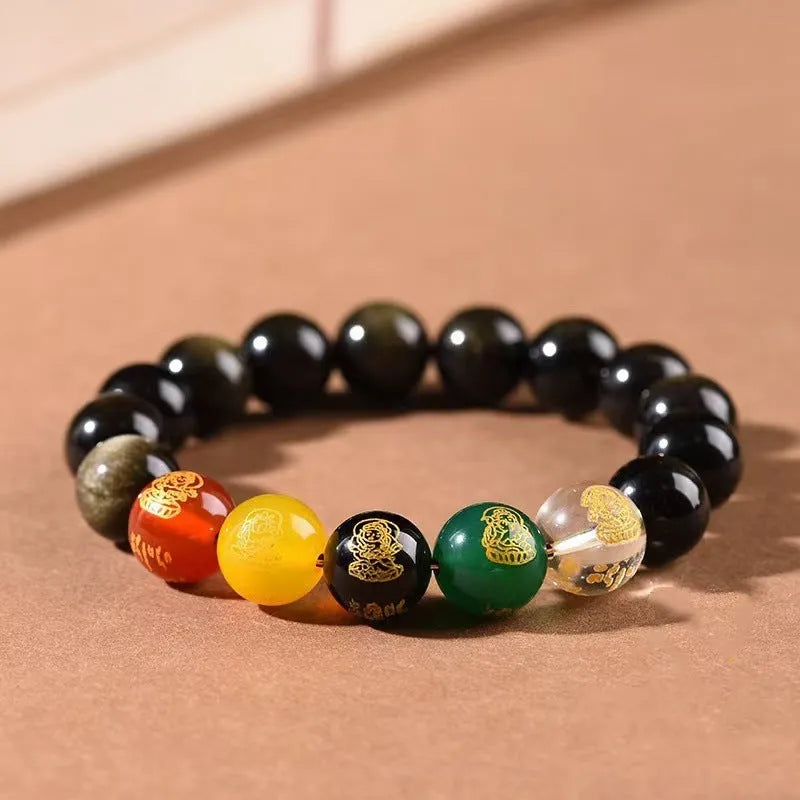 Single Circle Five Gods Of Wealth men's rainbow eye obsidian bracelet with polished crystal beads.