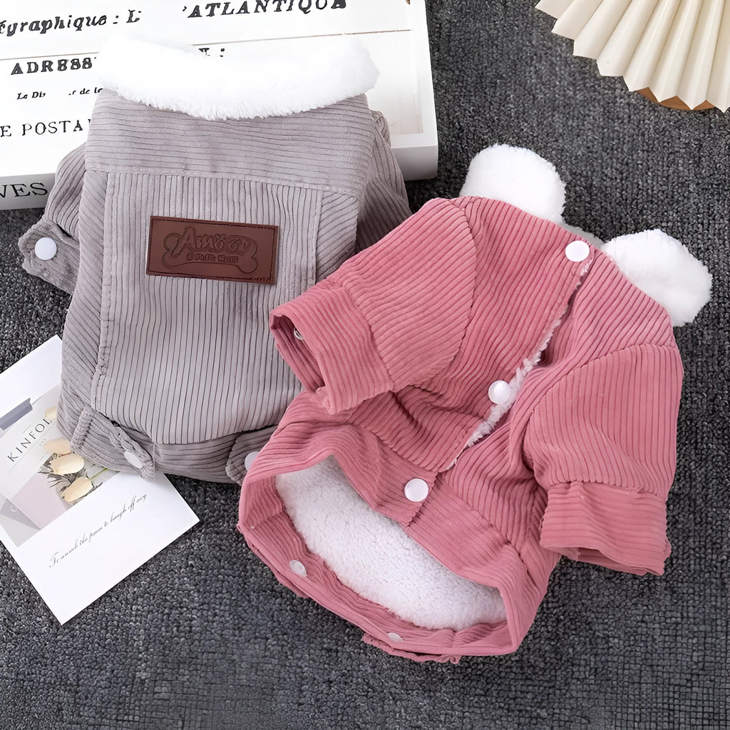 Lambswool dog vest with wool lining in grey or pink colours for autumn and winter pet clothing