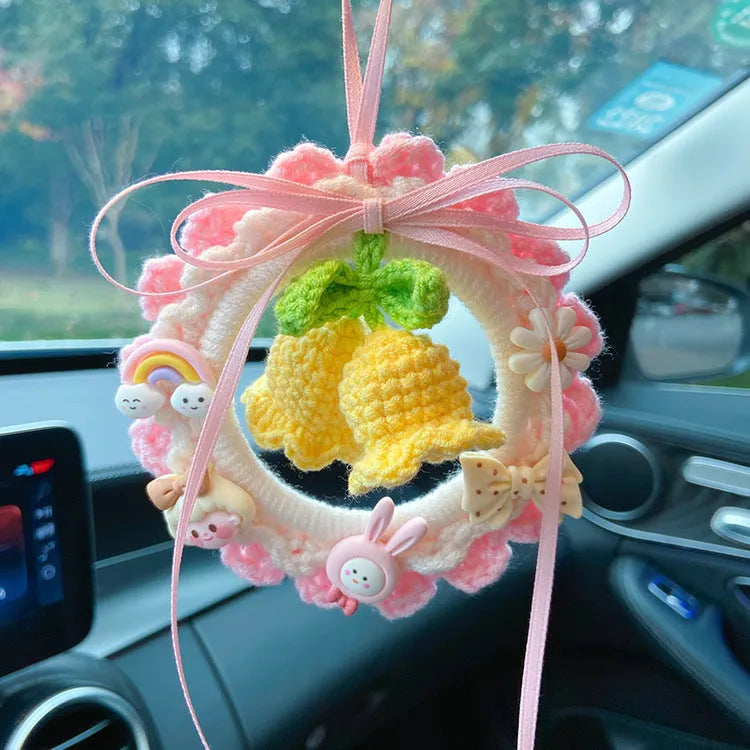 Woven wool bell orchid car hanger pendant in green, pink, purple or yellow colours