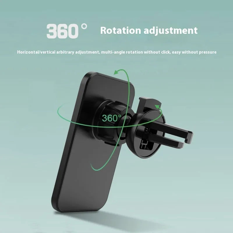 Black X-16 magnetic car wireless charger holder clipped onto car vent with phone attached