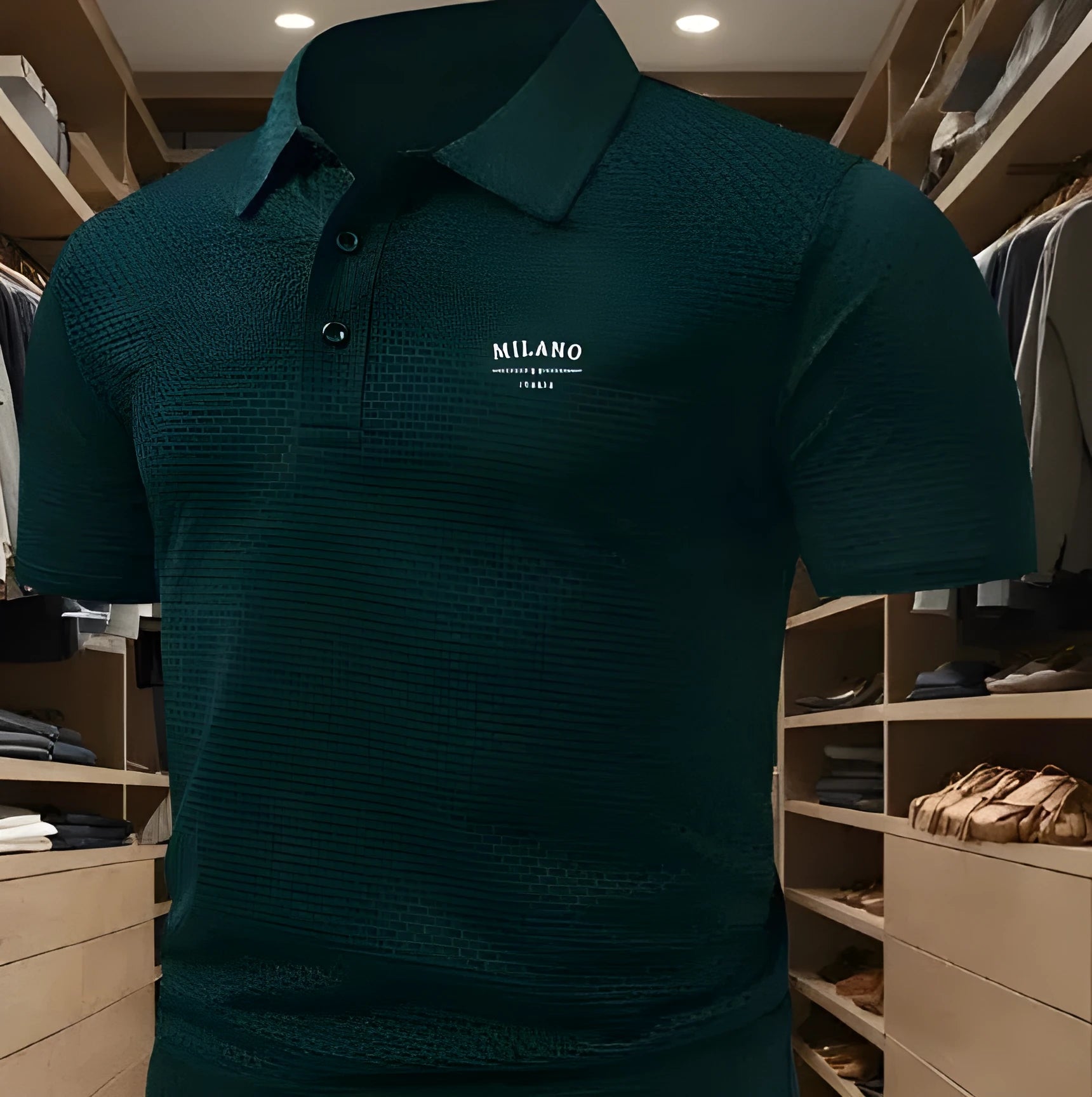 Men's loose fit short-sleeved polo shirt with a lapel collar in a solid colour.