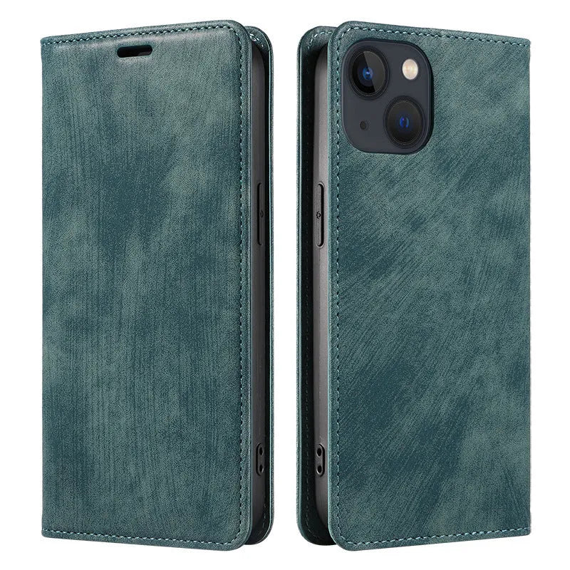 Magnetic flip phone case for iPhone in solid colours, showing TPU frame and leather cover.