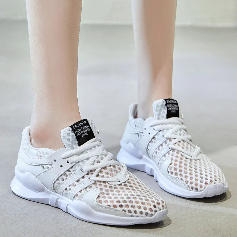 Breathable mesh casual sneakers with hollow-out design and round toe in black and white colour options