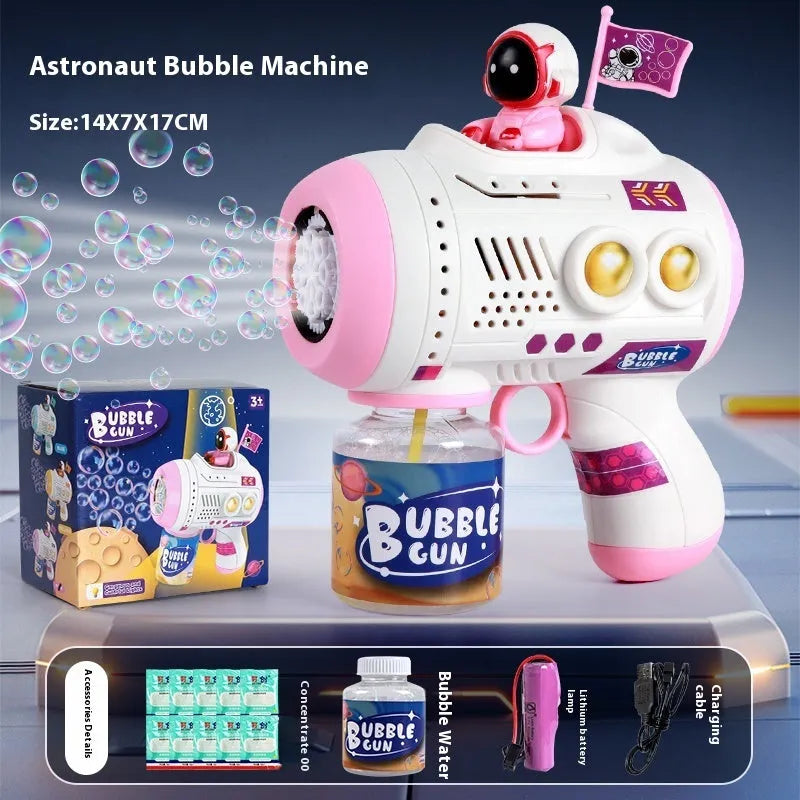 Space astronaut themed blue children's bubble machine with soft lighting and bubble solution bottles