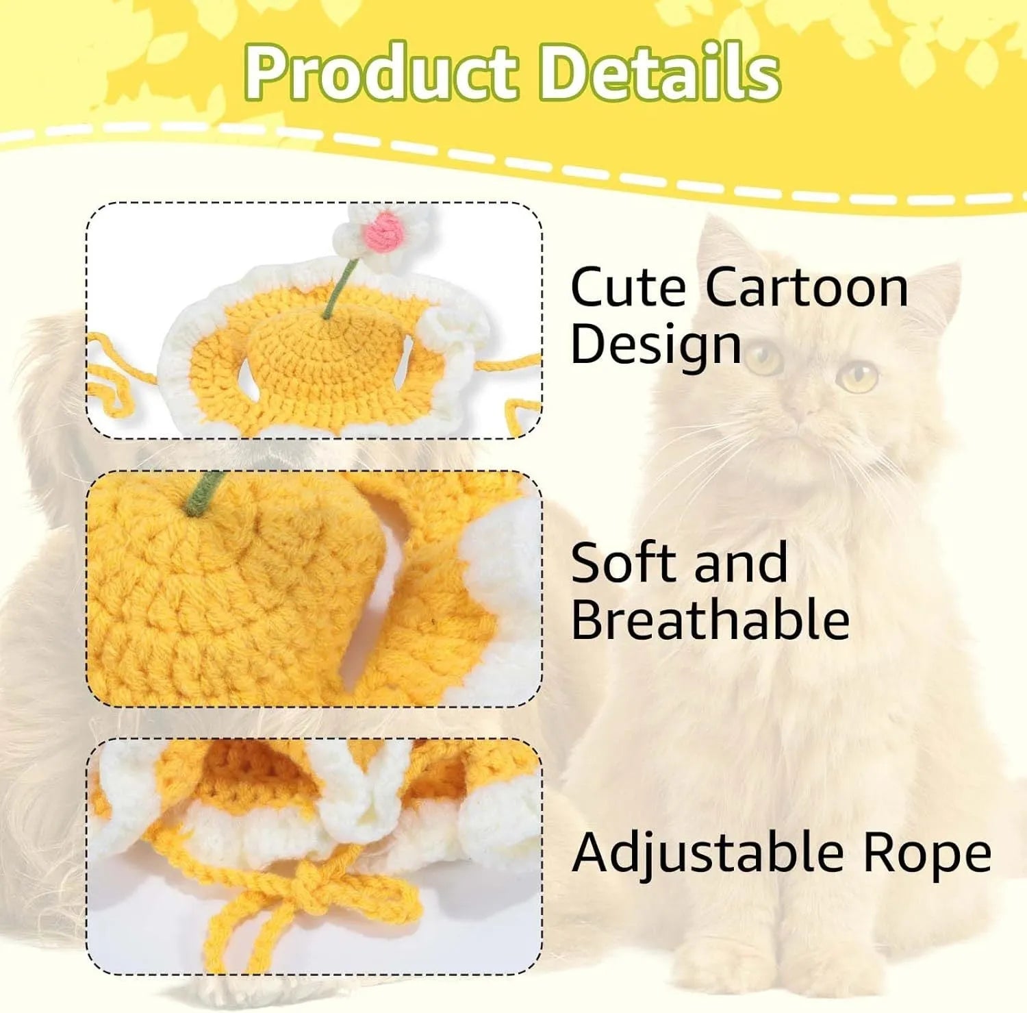 Knitted cartoon-style hat for a cat or small dog on a green background