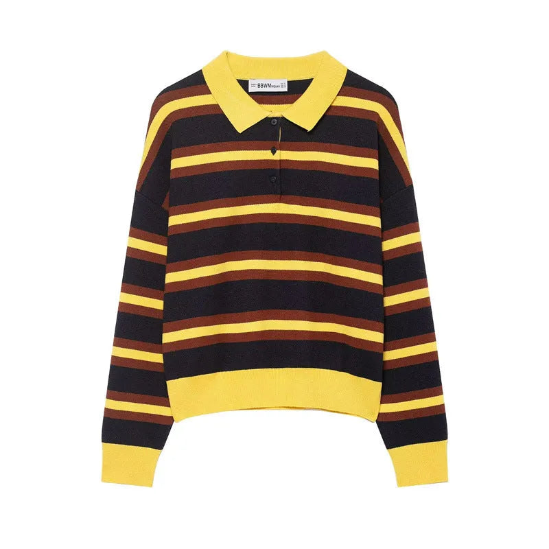Women's striped polo collar knitted sweater with contrast stitching, long sleeves, regular fit in picture colour