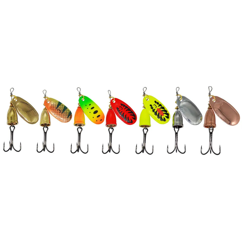 R-type metal fishing lure with rotating sequins and copper bell in seven colour options including yellow green, gold mesh, red, and rose gold