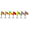 R-type metal fishing lure with rotating sequins and copper bell in seven colour options including yellow green, gold mesh, red, and rose gold