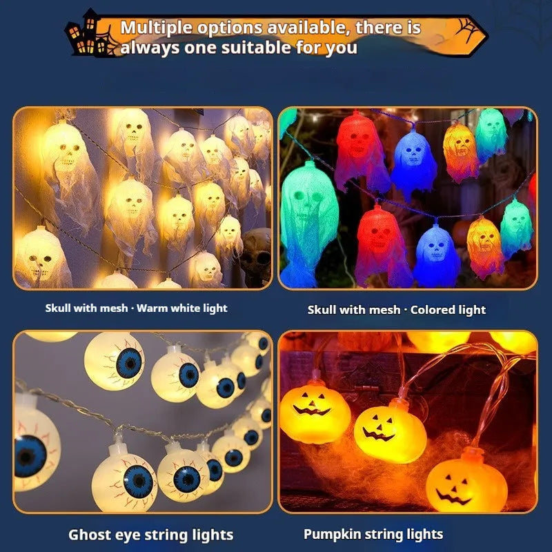 Halloween battery-operated coloured string lights with plastic shell for indoor wall decoration.