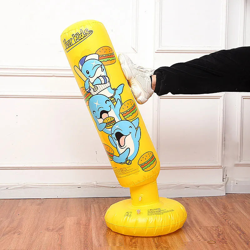 Yellow Hamburger patterned inflatable boxing column sandbag standing upright at 120cm tall.