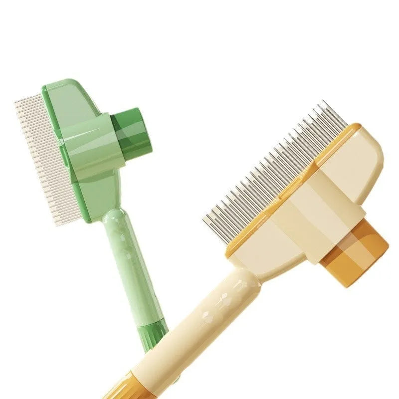 Yellow and green self-cleaning pet comb for dogs and cats with a release button and stainless steel teeth.