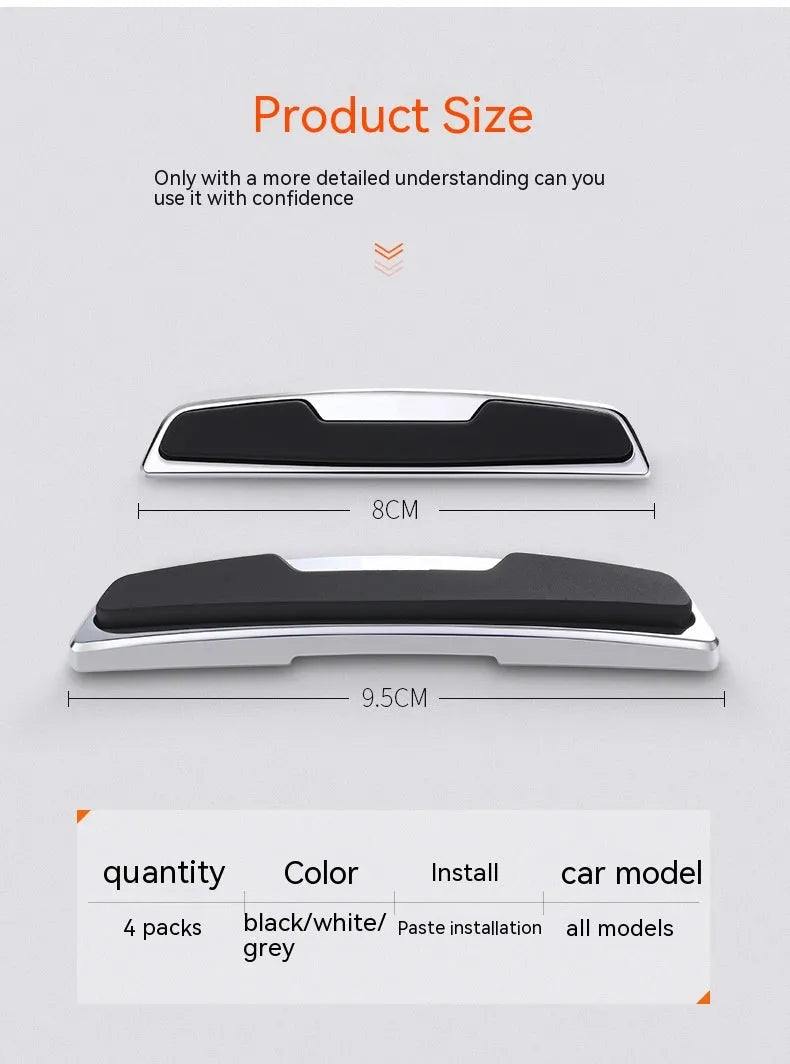Black silicone car door bumper strip set showing four 9.5cm by 2cm protection strips