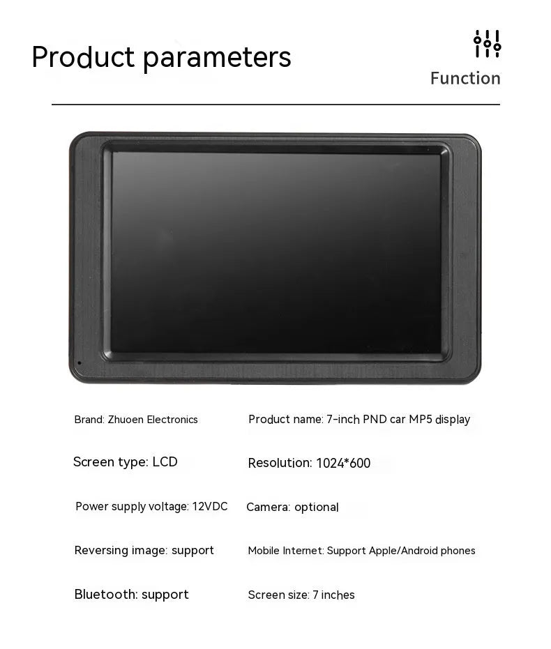 Black vehicle-mounted 7-inch MP5 player with LCD screen and included mounting accessories