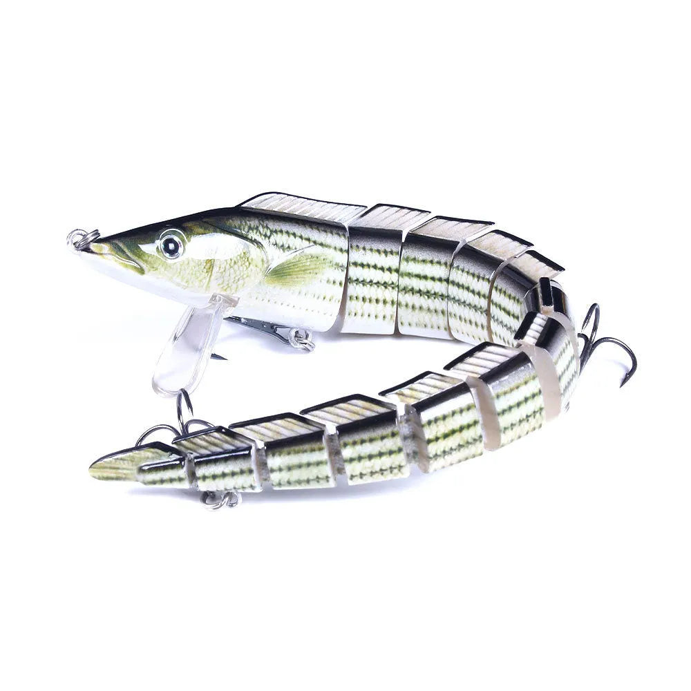 Multi-section simulated fish loach fishing lure showing articulated design and size #2 hook
