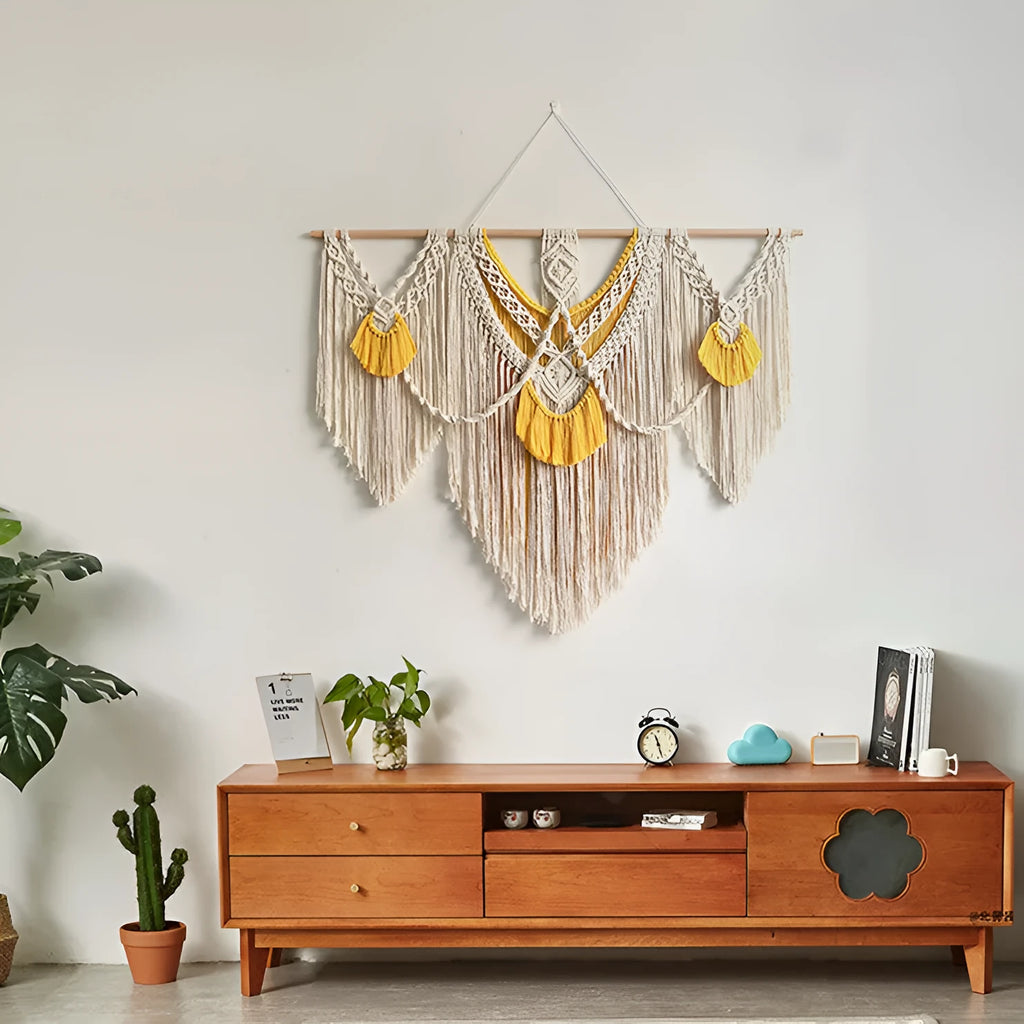 Nordic style creamy white cotton wall tapestry with hand-woven texture measuring 120 by 95 cm