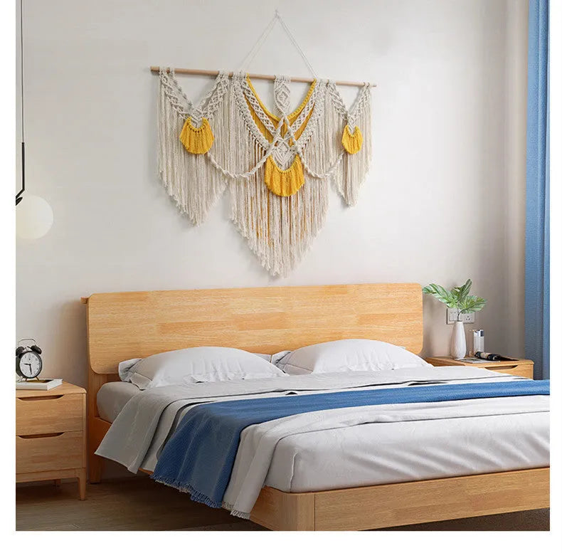 Nordic style creamy white cotton wall tapestry with hand-woven texture measuring 120 by 95 cm