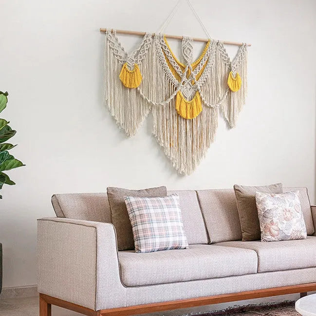 Nordic style creamy white cotton wall tapestry with hand-woven texture measuring 120 by 95 cm