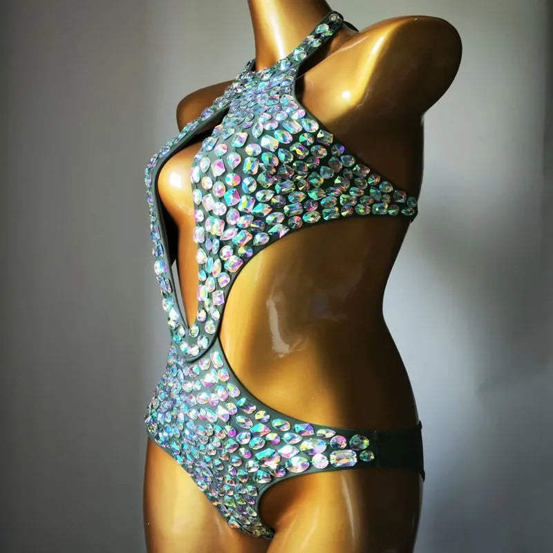 Diamond mesh pattern one-piece swimsuit for women in army green