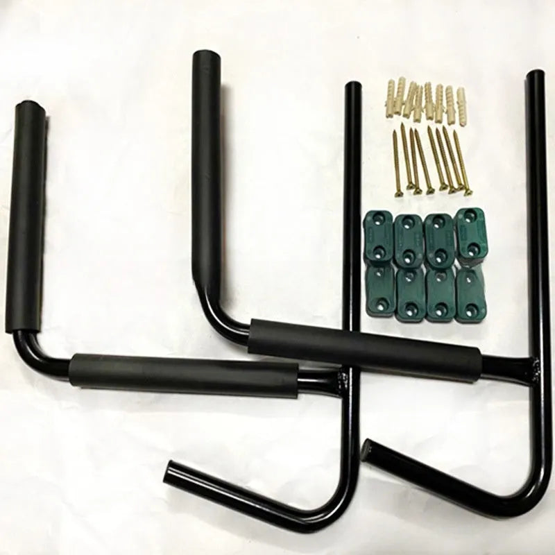Carbon steel kayak and surfboard wall hanger rack for overhead storage