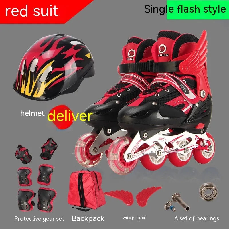 Children's adjustable inline skates in various colours with aluminium frame, foam wheels, helmet, and protective gear set.