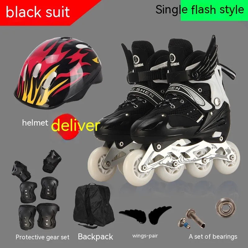 Children's adjustable inline skates in various colours with aluminium frame, foam wheels, helmet, and protective gear set.