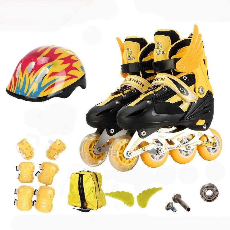 Children's adjustable inline skates in various colours with aluminium frame, foam wheels, helmet, and protective gear set.