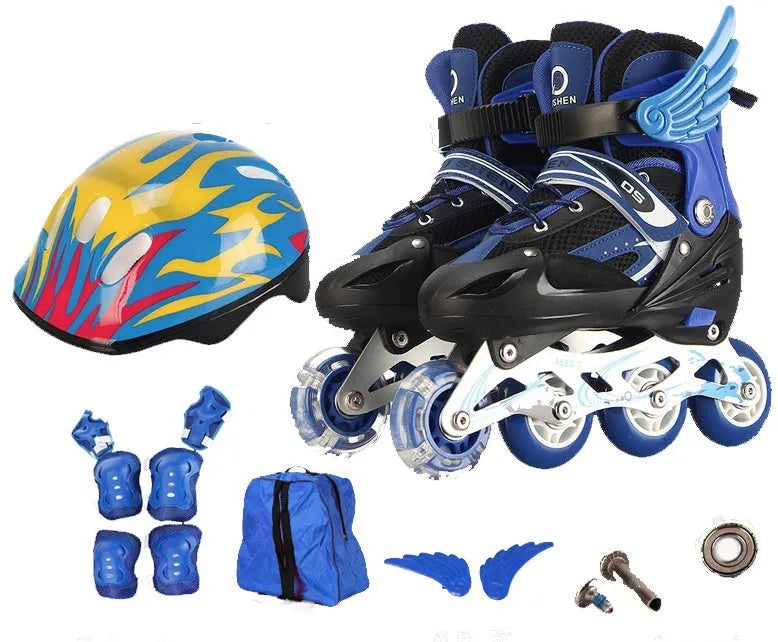 Children's adjustable inline skates in various colours with aluminium frame, foam wheels, helmet, and protective gear set.
