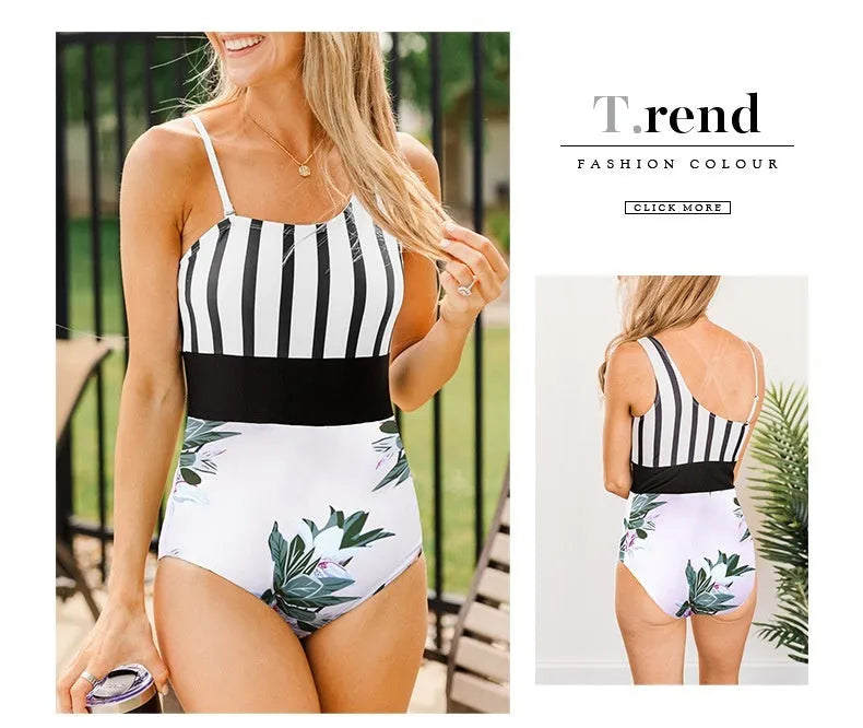 Leopard print one-piece swimsuit for women with an asymmetric collar and high-waist triangle briefs.